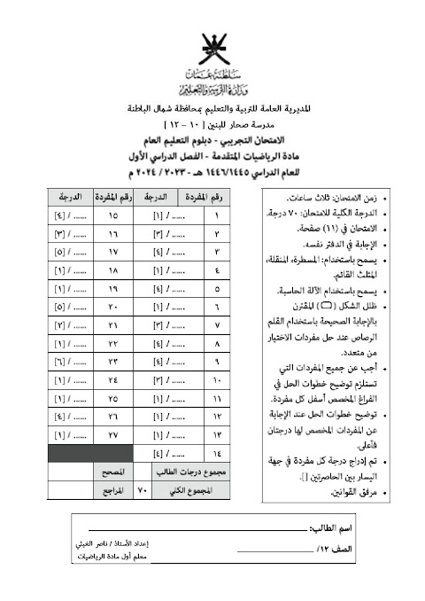 تجميع امتحانات نهائية تجريبية - مع الحل - المجموعة 1 - رياضيات متقدمة الصف 12 الفصل 1