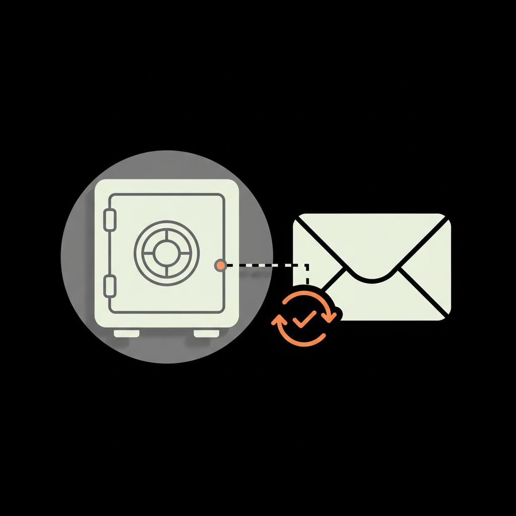 Minimal 2D vector illustration of a secure vault and an email envelope on a black background, using brand colors, designed to illustrate how to reactivate deactivated email account
