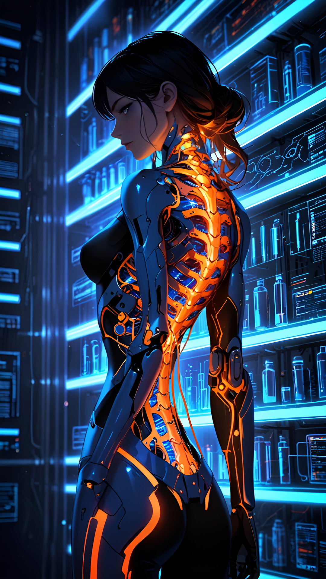 Cyberpunk Android Woman Glowing Orange Spine Neon Blue Light - Free 4K mobile Wallpaper