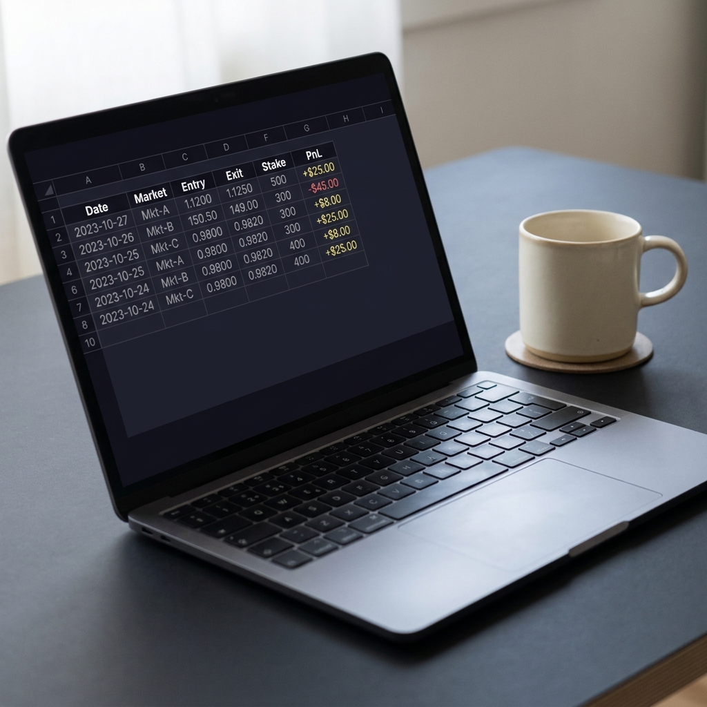 Close up minimalist laptop trade log spreadsheet on dark branded desk illustrating How to Build a Repeatable Sports Trading Process with labeled columns visible anonymized rows and a coffee cup no personal data