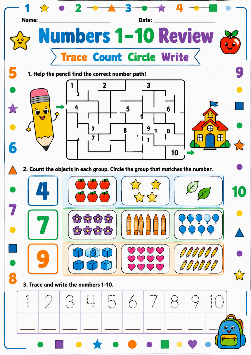 Numbers 1-10 Review Activity Worksheet