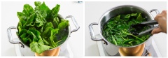 Cải bó xôi rửa sạch, cho vào nồi nước sôi luộc chín vừa từ 30 - 45 giây là vớt ra ngay. Sau khi vớt cải ra cho ngay vào tô nước đá lạnh để giữ cải được giòn ngon và có màu xanh đẹp. Vớt cải ra, vắt thật ráo nước rồi cho vào tô lớn, rưới phần nước sốt đã chuẩn bị vào và trộn thật đều cho cải thấm hết gia vị là hoàn thành rồi đó.