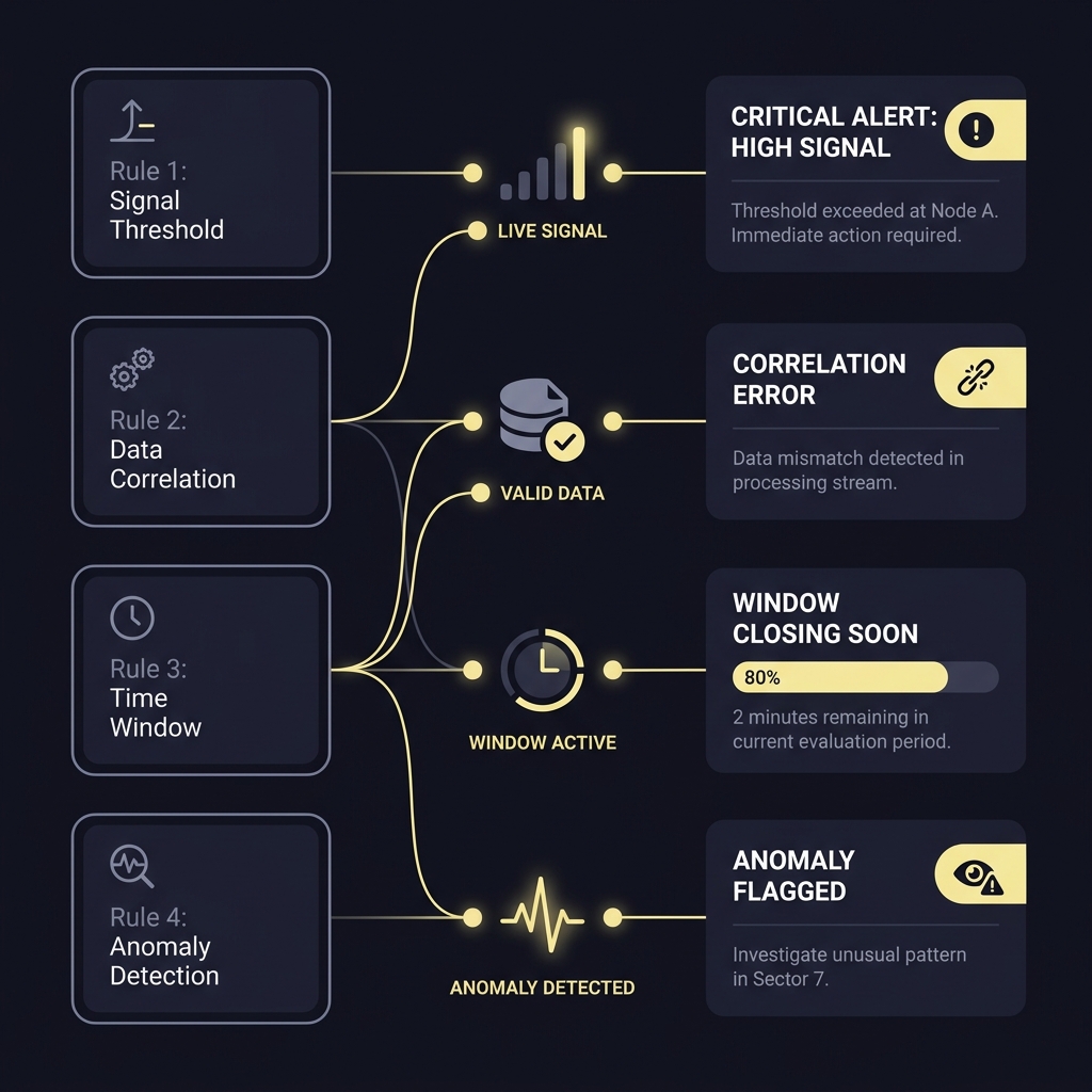 Clean diagram mapping rules to telemetry to dashboard alerts showing how to monitor rule compliance in your dashboard with Funded Plays brand colors