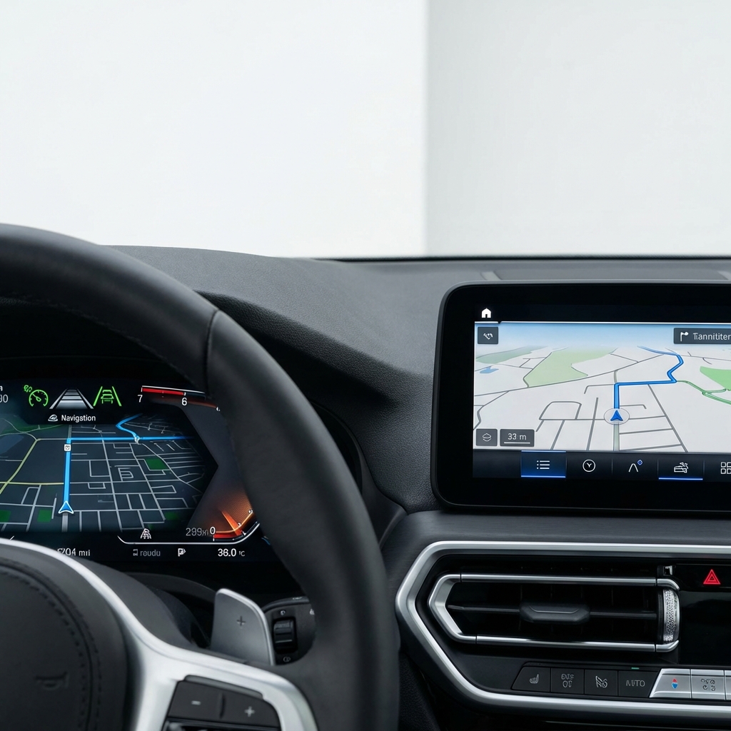 Close view of BMW X3 instrument cluster and infotainment screen showing navigation map and driver assist icons minimalist dashboard bmw x3 for sale