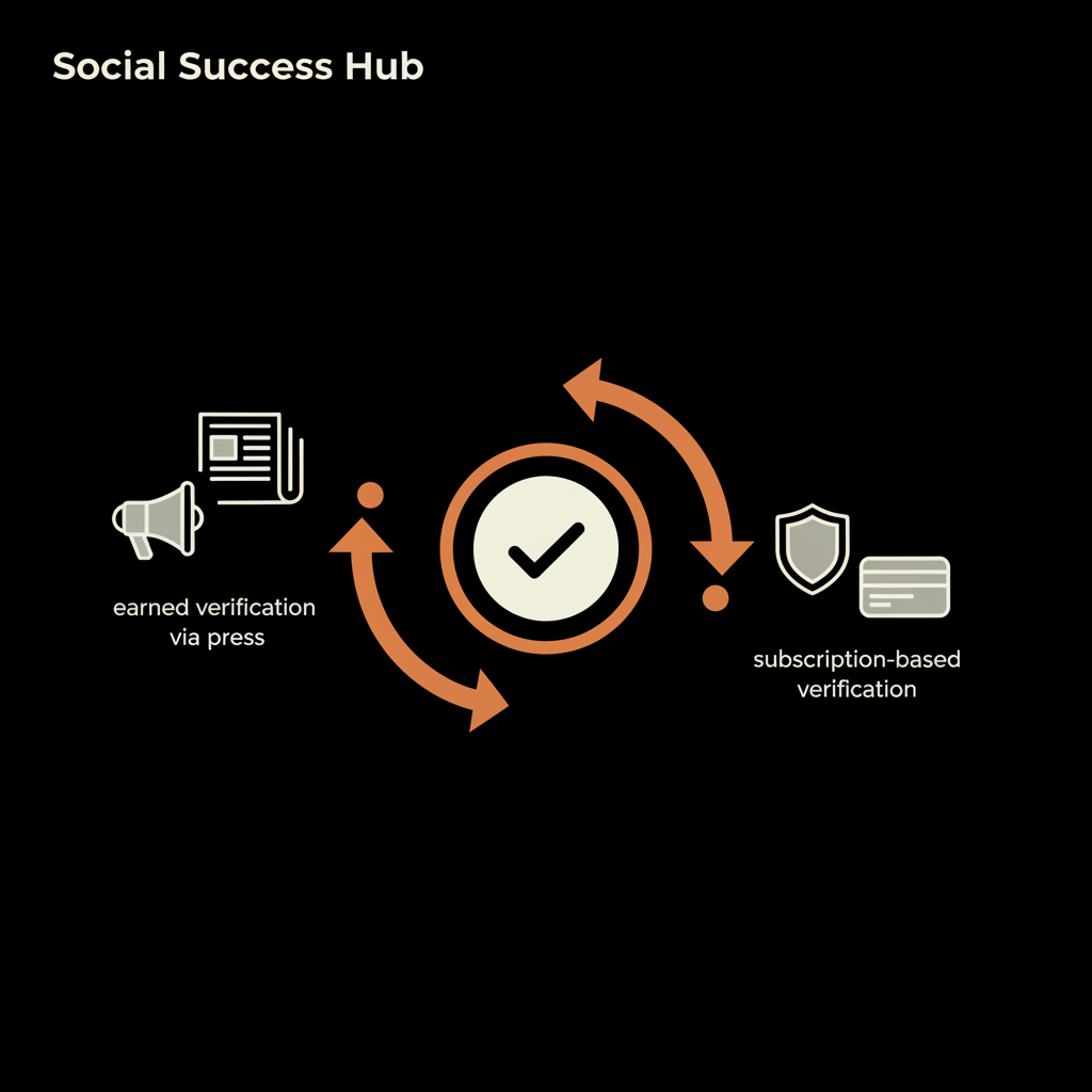 Minimal vector infographic showing two routes (press and subscription) converging on a generic verification badge illustrating instagram verification requirements on a black brand background.