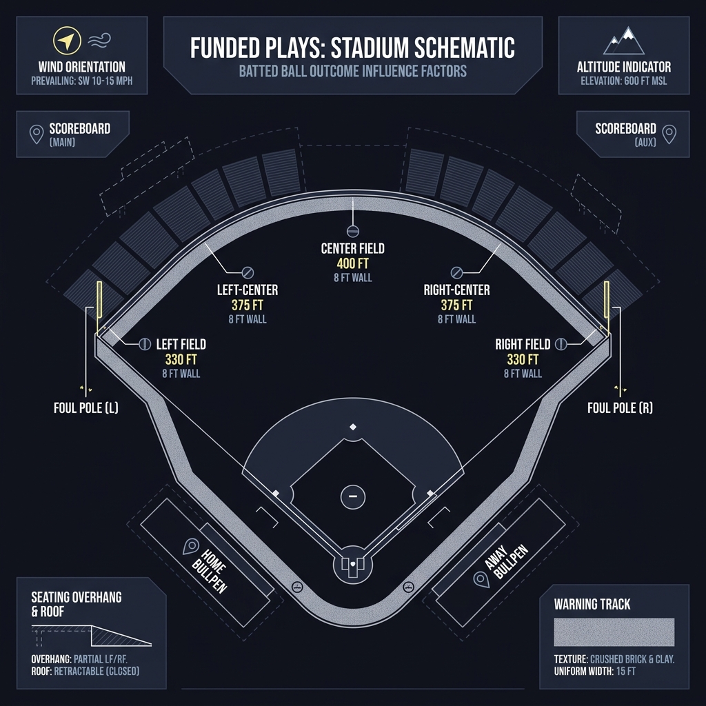 Top down ballpark diagram showing dimensions wall heights and labeled features that influence batted ball outcomes for an article on How Ballpark Factors Affect MLB Totals