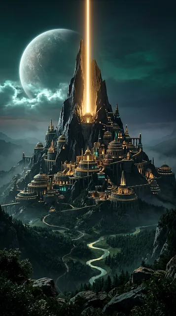 Futuristic Eco City Mountain Temple Vertical Digital Art