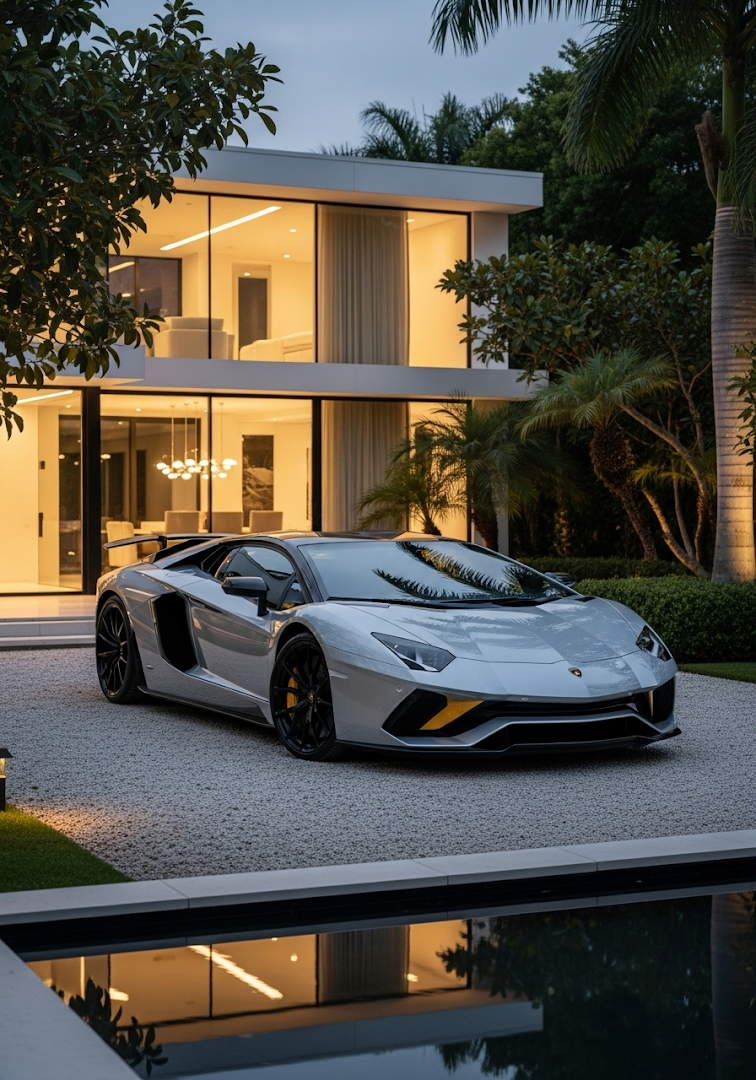 Luxury Lamborghini Aventador Modern House Dusk
