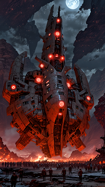 Apocalyptic Alien Warship Landing Over Fiery Crowd - Free mobile Wallpaper