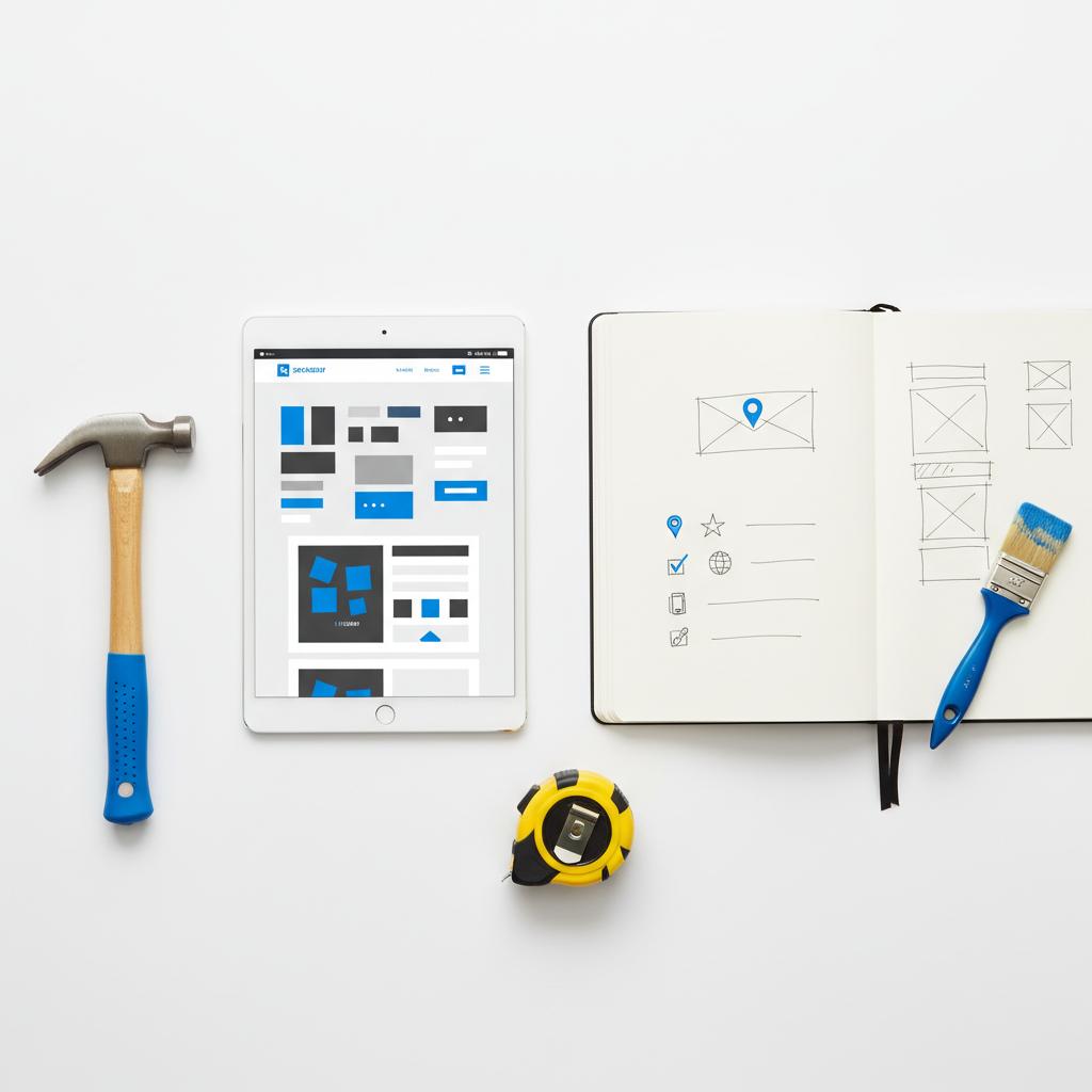 Top-down workspace flat-lay with tablet mockup, notebook of SEO checklist icons, hammer, measuring tape and brush &mdash; best website builder for handyman services