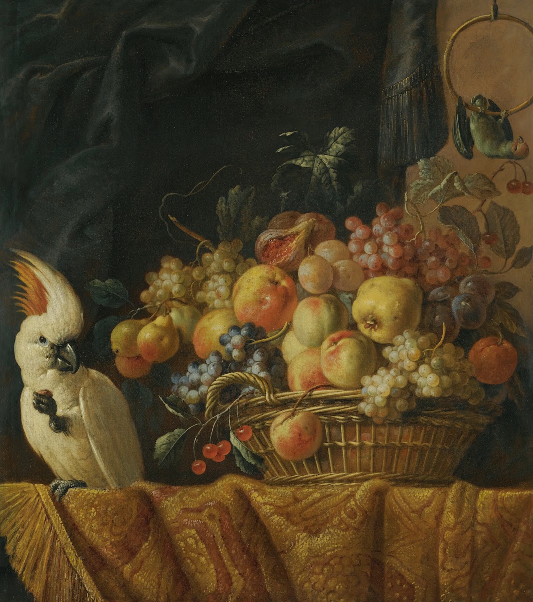 A StillLife OfFigs Grapes Apples And Other Fruit On A Table With A Parrot