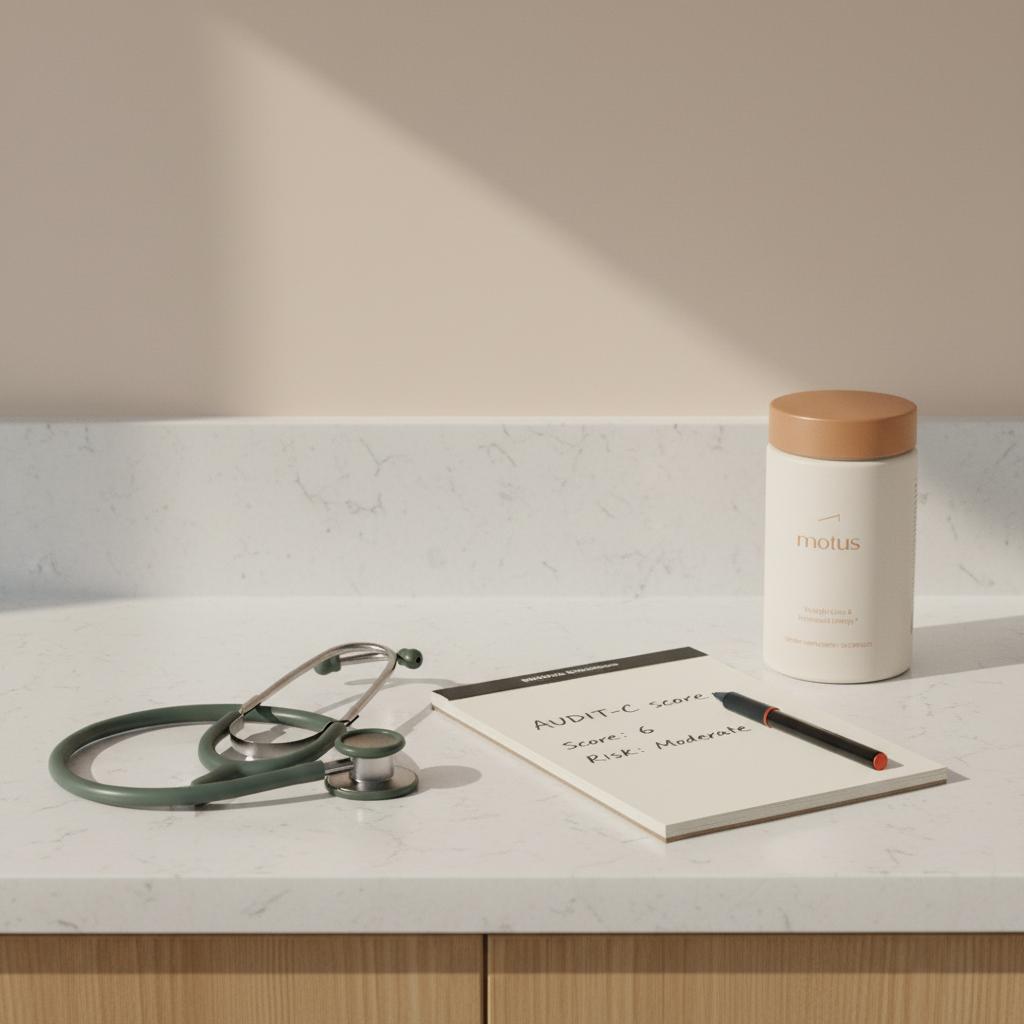 Minimalist kitchen counter with stethoscope, open notepad showing a handwritten AUDIT-C score and the Tonum Motus supplement container placed unobtrusively, supporting alcohol related liver disease care.