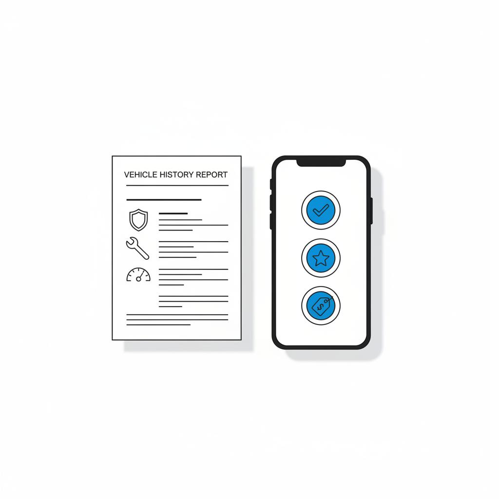 Minimalist 2D vector of a vehicle history report and a smartphone with blue pricing badges indicating deal quality most reliable used cars