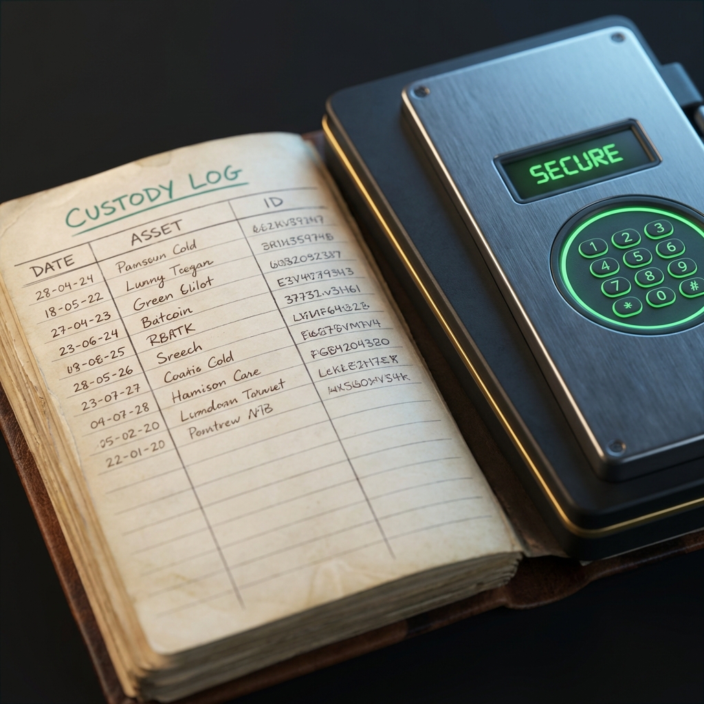 Close up ledger and hardware vault interface conveying custody and security for crypto roth ira with minimalist dark background and subtle green and gold accents