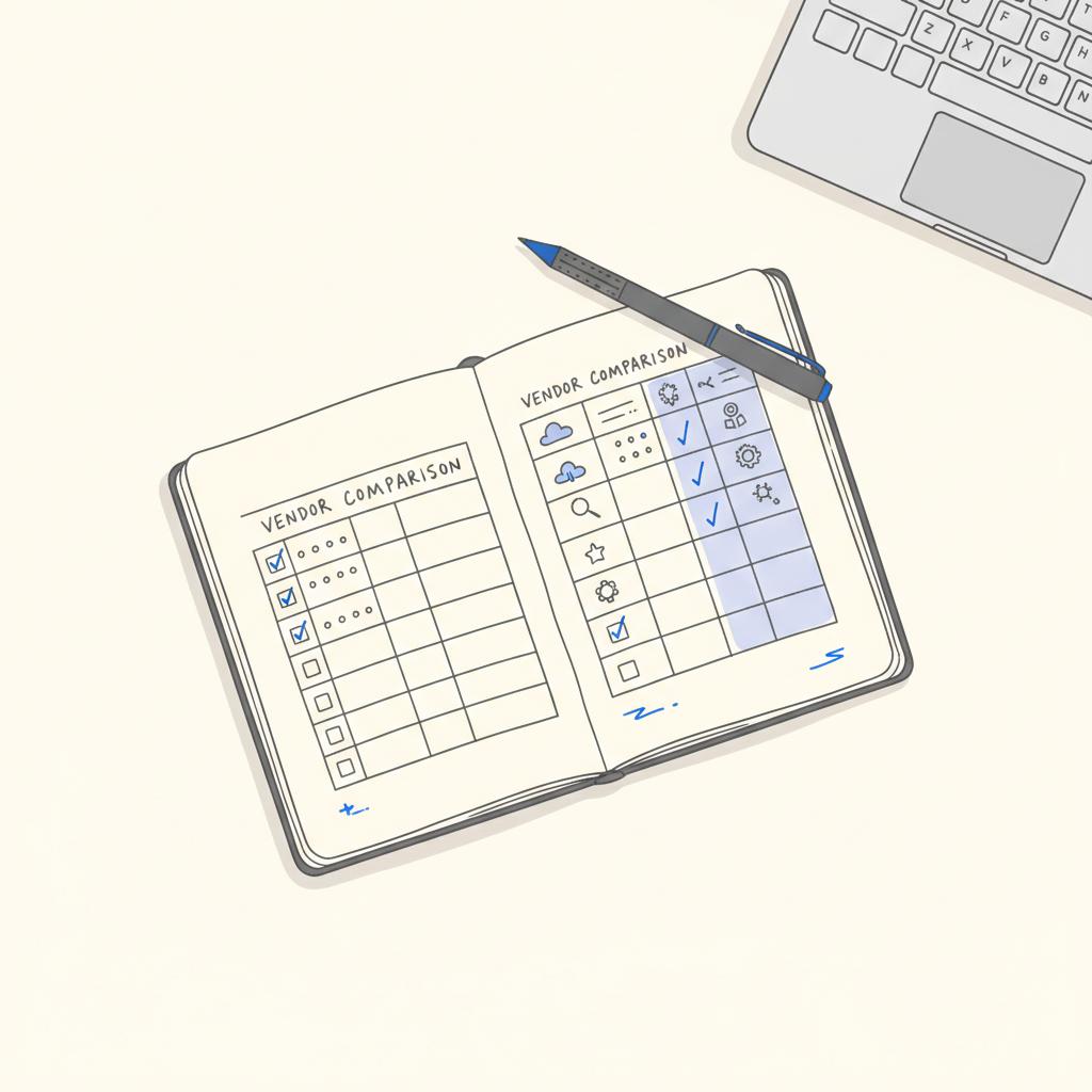 Minimalist vector top-down workspace with a hand-sketched vendor comparison table in a notebook, pen and laptop keyboard, clean white background &mdash; best company to get leads