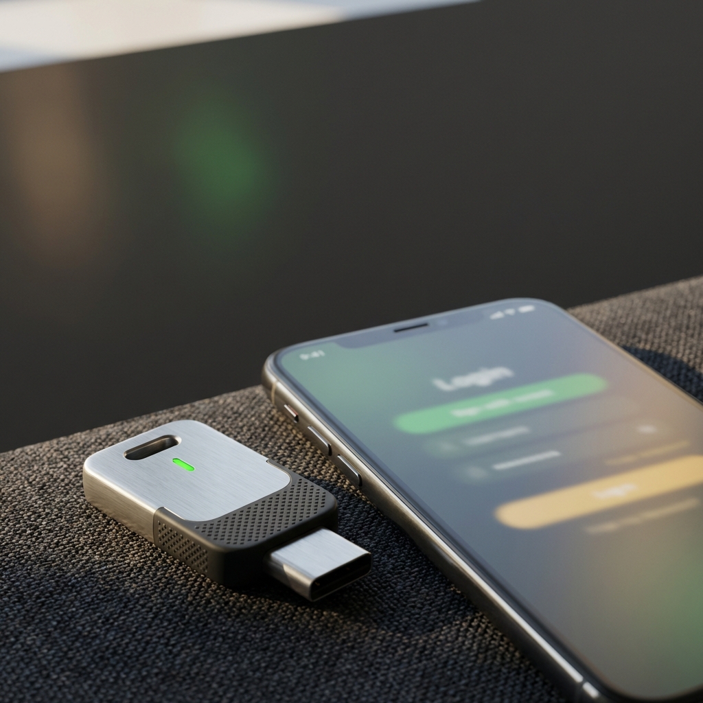 Close up of a hardware security key next to a smartphone with a blurred login screen illustrating Why cant I withdraw my money out of Coinbase