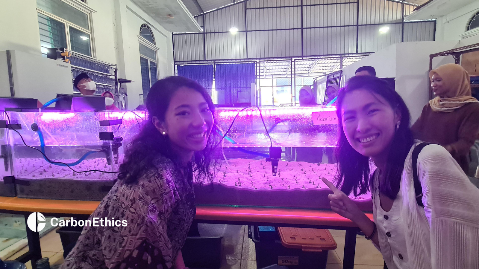 Innandya Kusumawardhani, COO at CarbonEthics, and Jessica Novia, CIO at CarbonEthics, smiling beside an aquarium setup showcasing seagrass cultivation research.