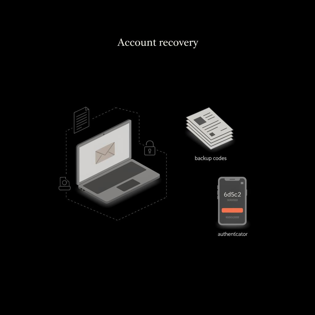 Minimal black-background infographic of a laptop, printed backup code sheet, and authenticator phone screen illustrating how to recover gmail without verification code