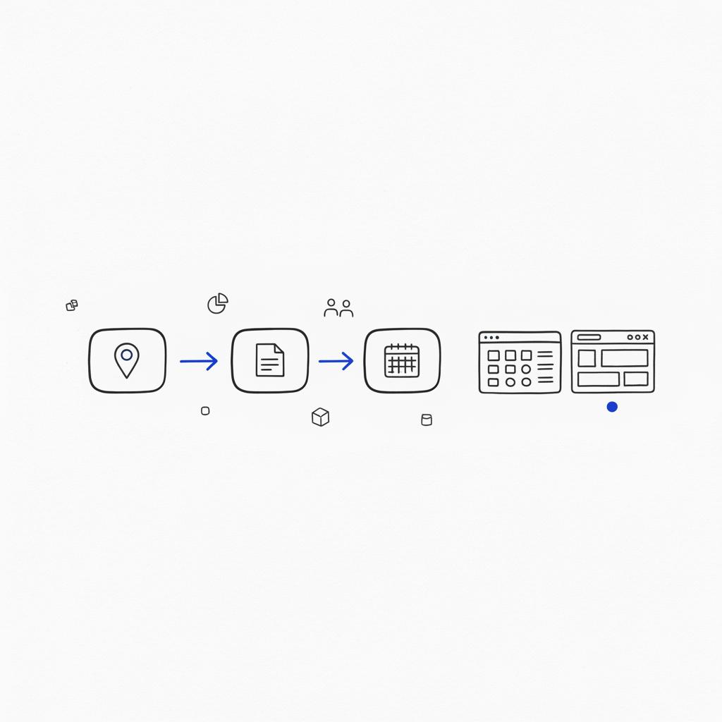 Minimal 2D vector workflow sketch linking local listings, content, and bookings with two browser mockups representing WordPress vs Wix for small business.