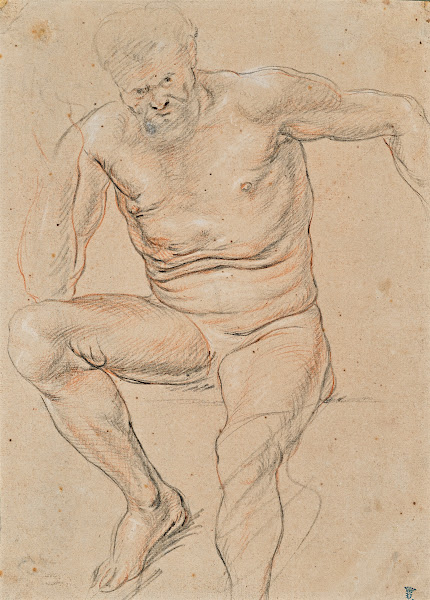 An academy of a male nude seated