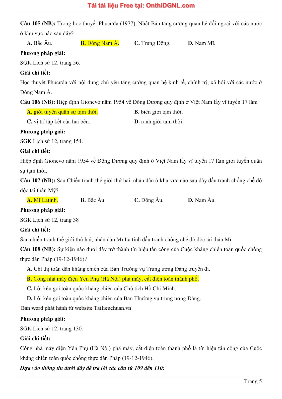 150 bài tập môn Sủ- Ôn thi ĐGNL ĐHQG HN Phần 15