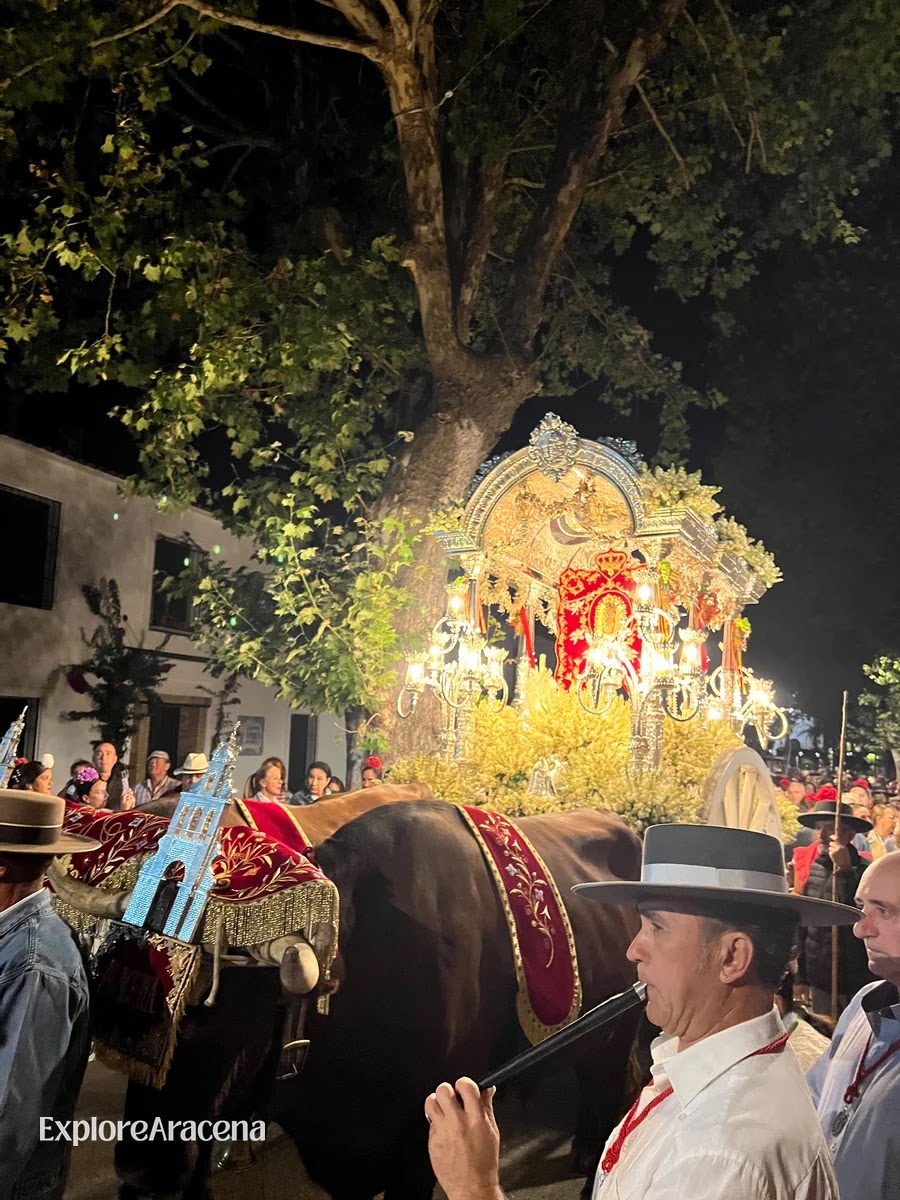 Piper leading oxen and an illuminated silver carreta through the night during the Reina de los Ángeles pilgrimage.