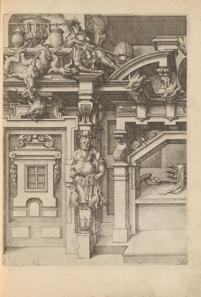 Wall with an oven and a herm in the form of a cook with ducks in his hand and Ce