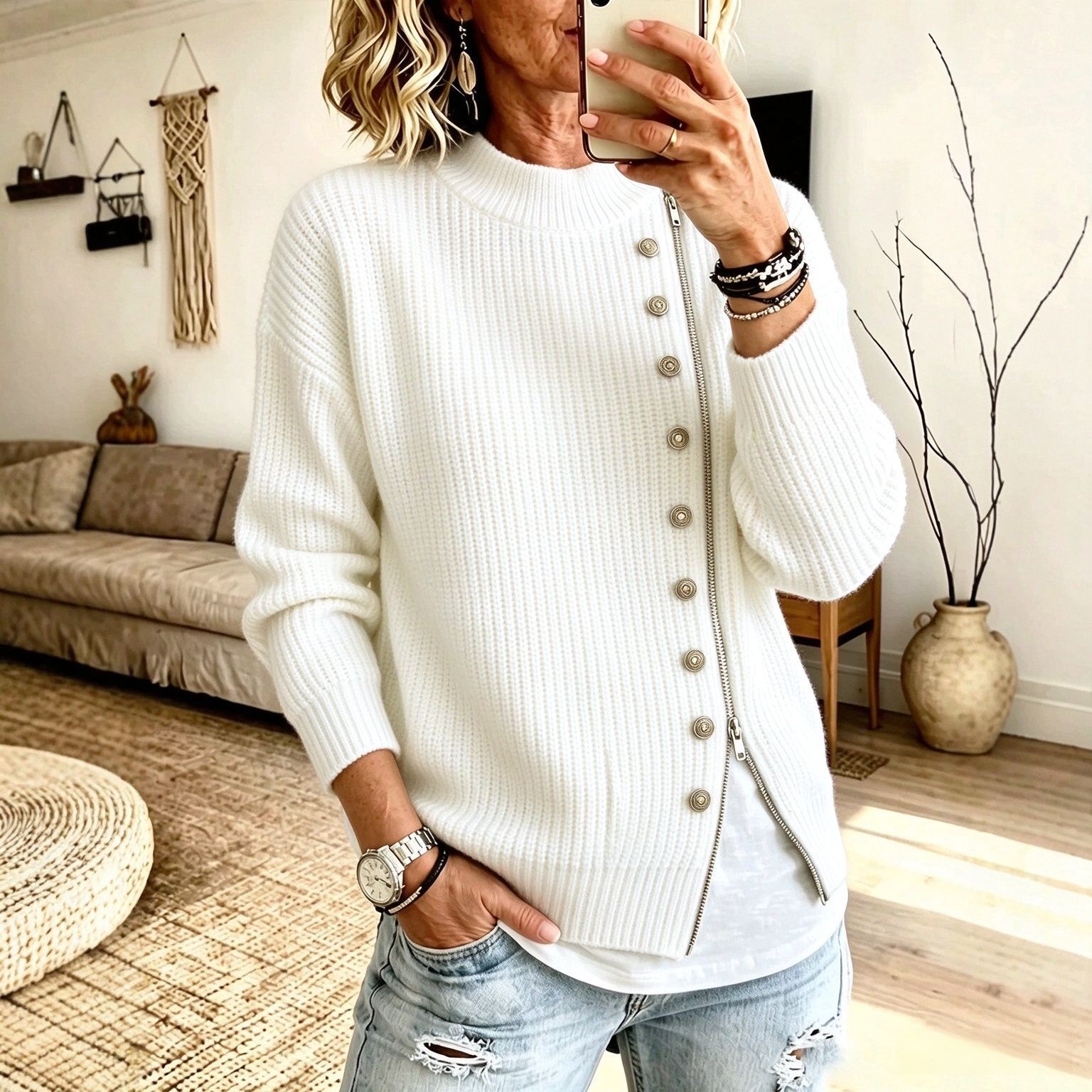 Women's knitted sweater with asymmetrical zipper