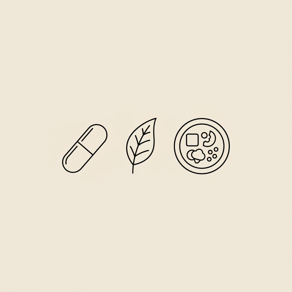 Minimal Tonum-style line illustration of capsule, leaf, and small plate with balanced portion on beige background #F2E5D5 — what vitamins should diabetics avoid
