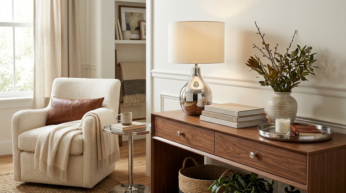 How to Fix the Most Common Chrome Decor Mistakes - final inviting chrome and warm wood living room styling reveal