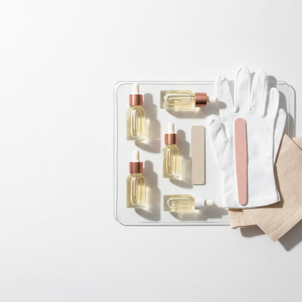 Flatlay mit Nagelpflege-Set (Glasfläschchen mit Öl, Baumwollhandschuhe, feinkörnige Feile, offenes Tuch) auf weißem Hintergrund – Wie bekomme ich meine Fingernägel härter?
