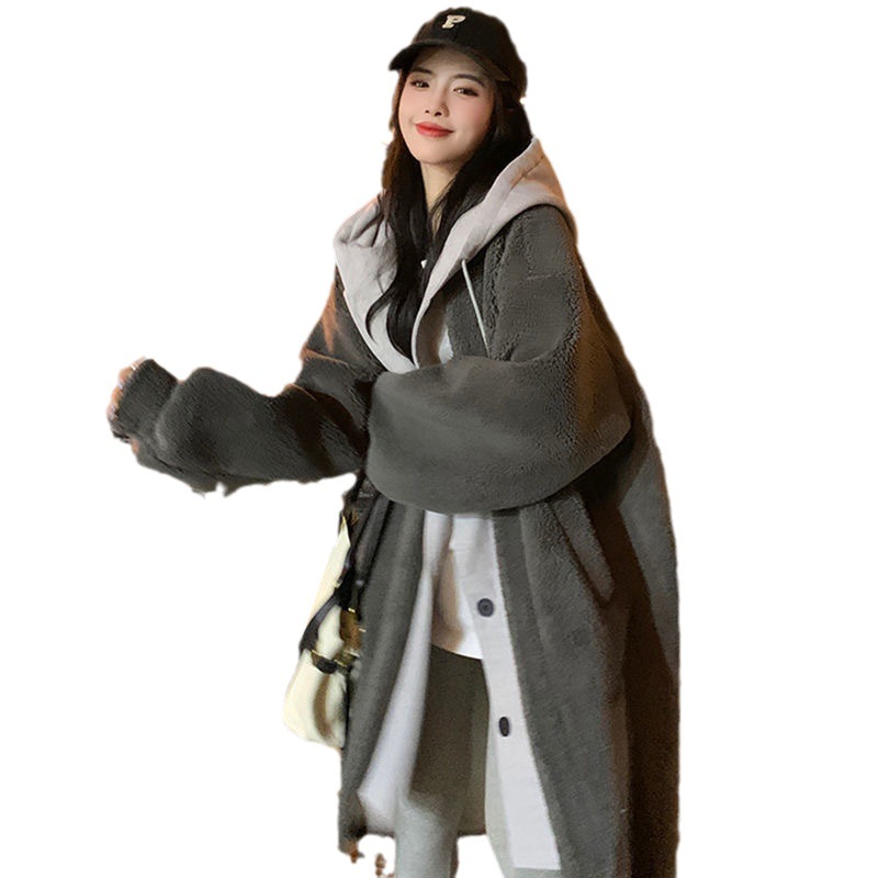 Long Women's Hoodie made from Lamb Fleece Imitation