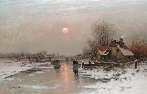 Dutch Peasants On A Frozen Waterway At Sundown