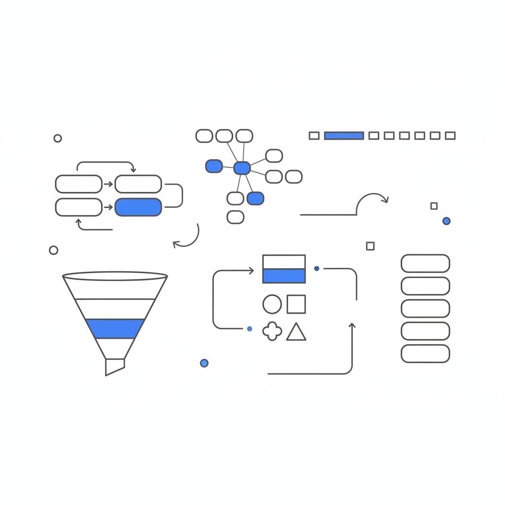 Top-down vector illustration of a Google Ads for realtors test plan showing campaign splits, keyword clusters and a 4&ndash;8 week timeline in Agency Visible brand colors.