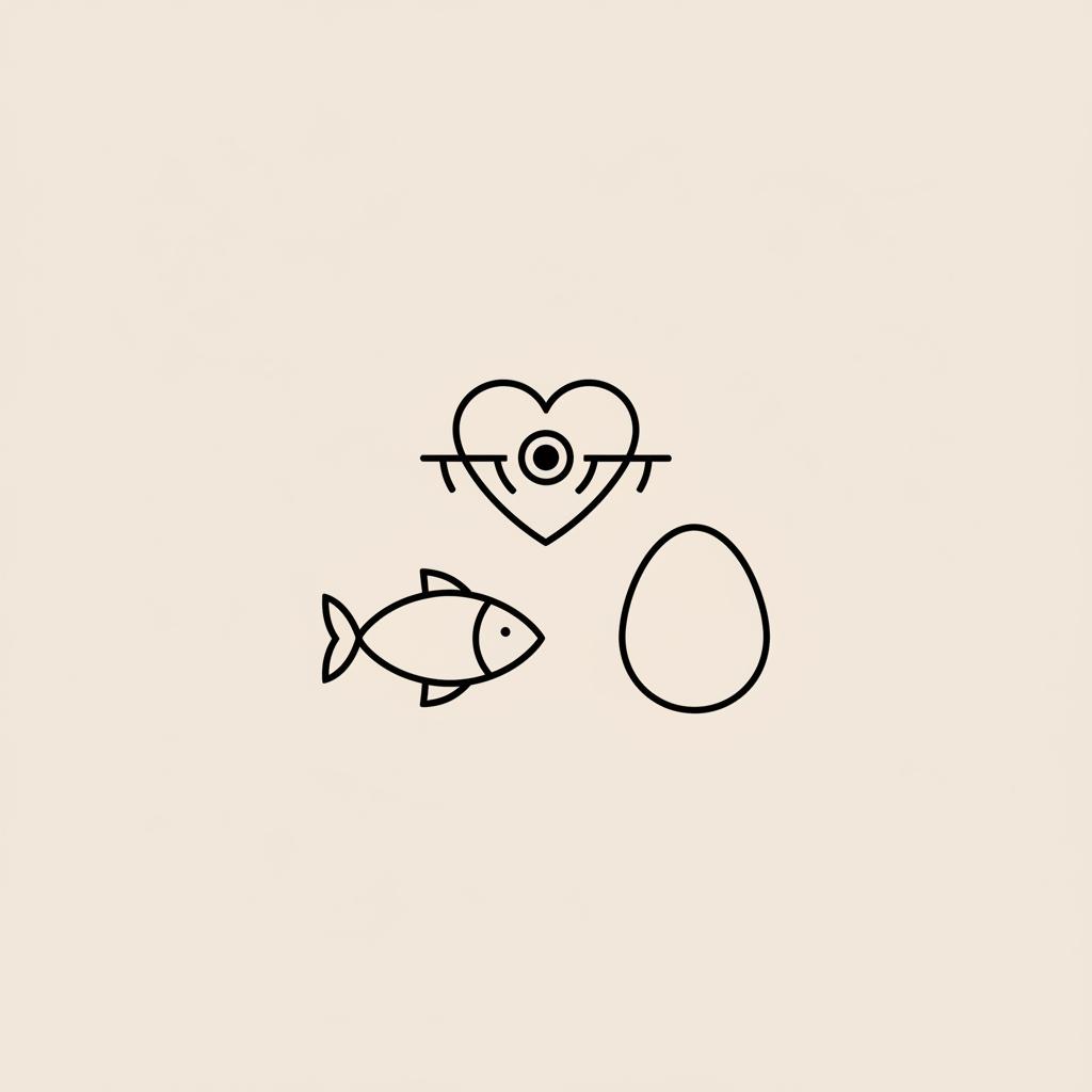 Minimalist Tonum-style vector of a fish, an egg, and a heart-shaped retina symbol in thin black outline on beige background, representing taurine benefits for children