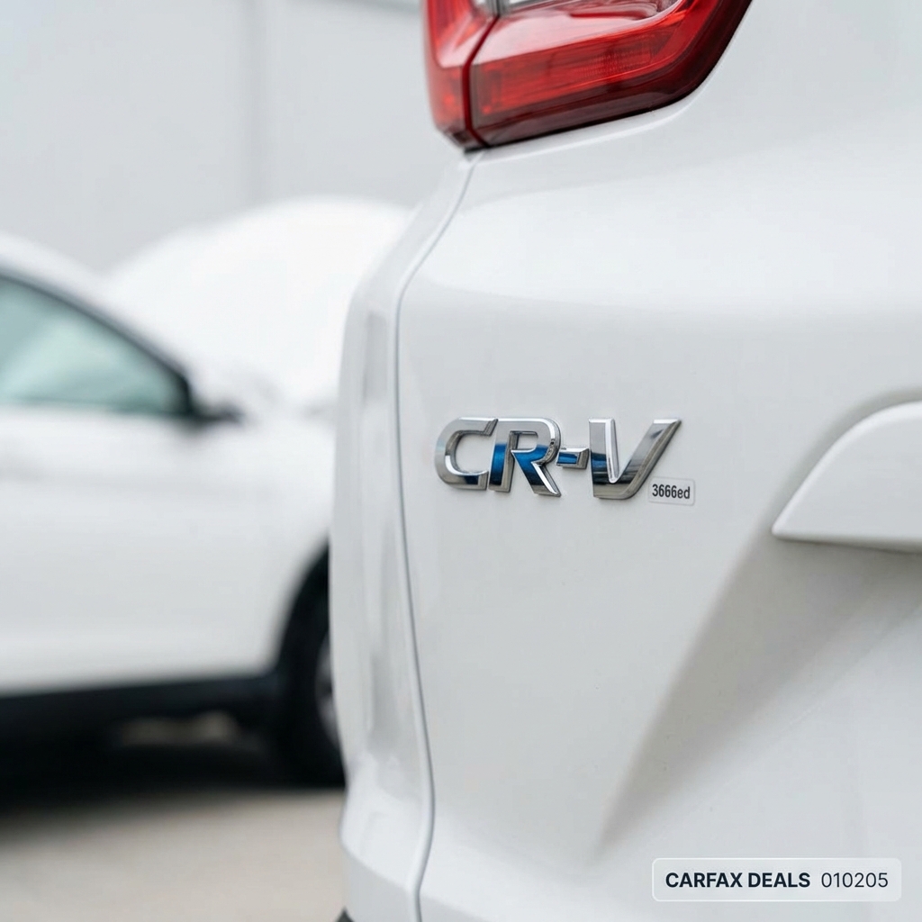 Close up of Honda CRV badge on rear of parked SUV with open hood in background minimalist white background suitable for honda crv for sale listing