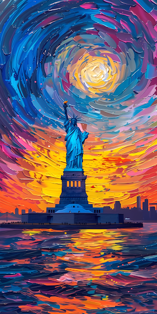 Statue of Liberty Impasto Painting Vibrant Swirling Sunset - Free mobile Wallpaper