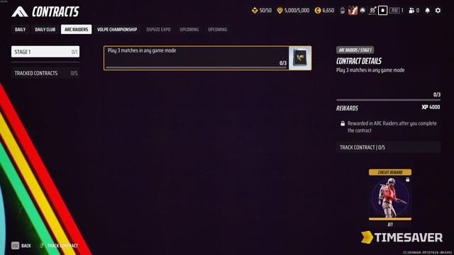THE FINALS Contracts screen showing the ARC Raiders tab, Stage 1 "Play 3 matches in any game mode" contract, and the note that the reward is granted in ARC Raiders