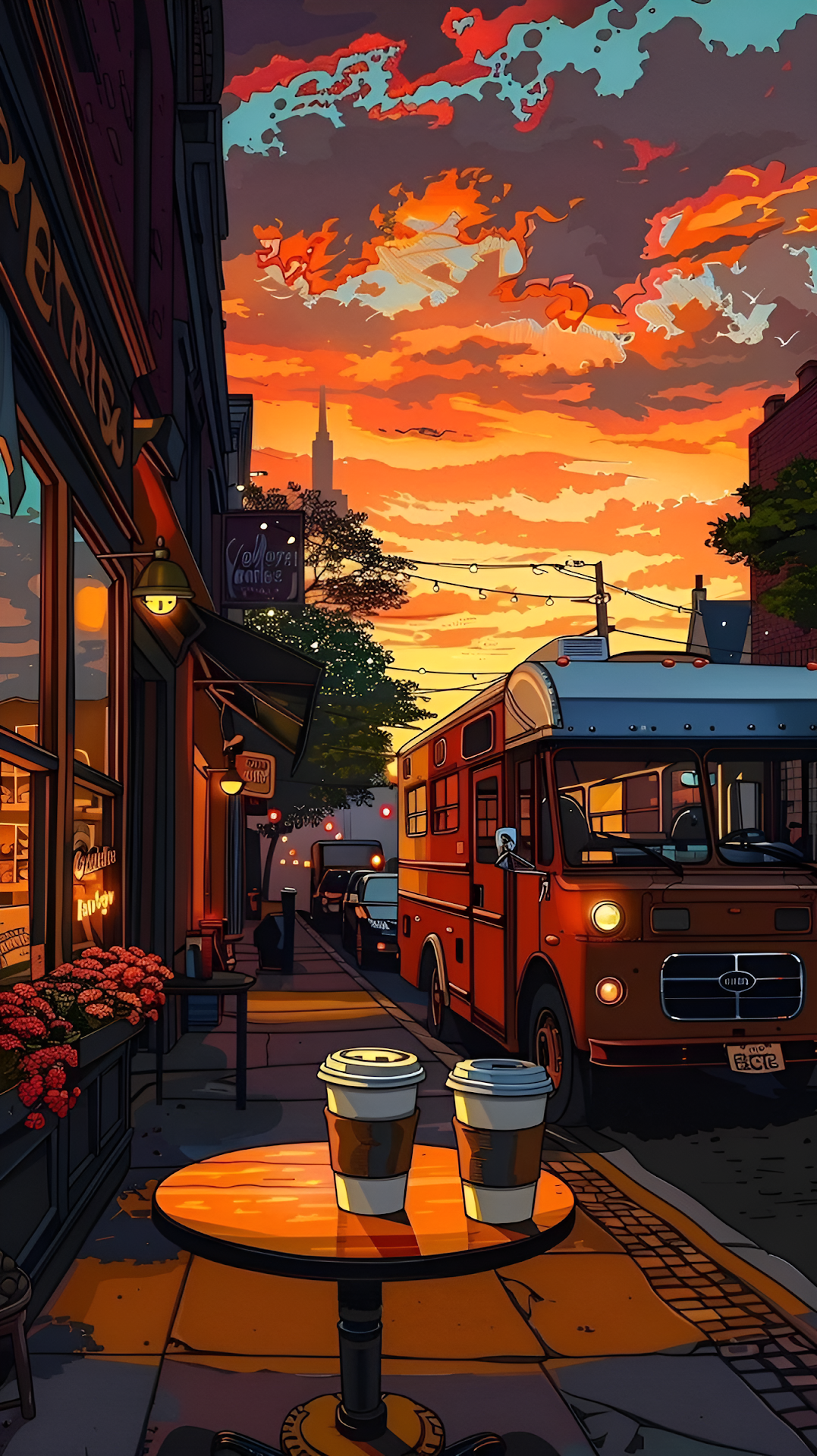 Vibrant Sunset City Street Cafe Illustration with Food Truck - Free 4K mobile Wallpaper