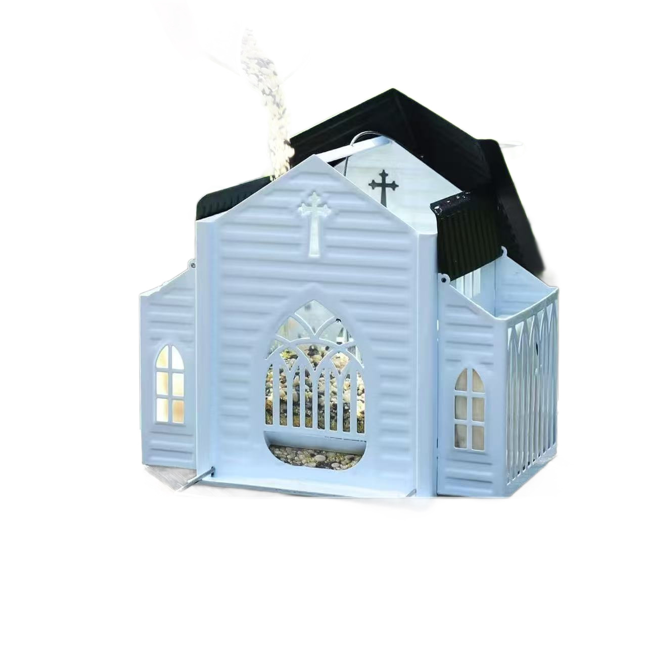 Church-shaped metal birdhouse, solar option