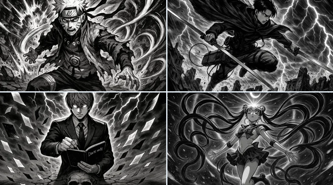 Ilustración en blanco y negro de estilo manga de gran dramatismo