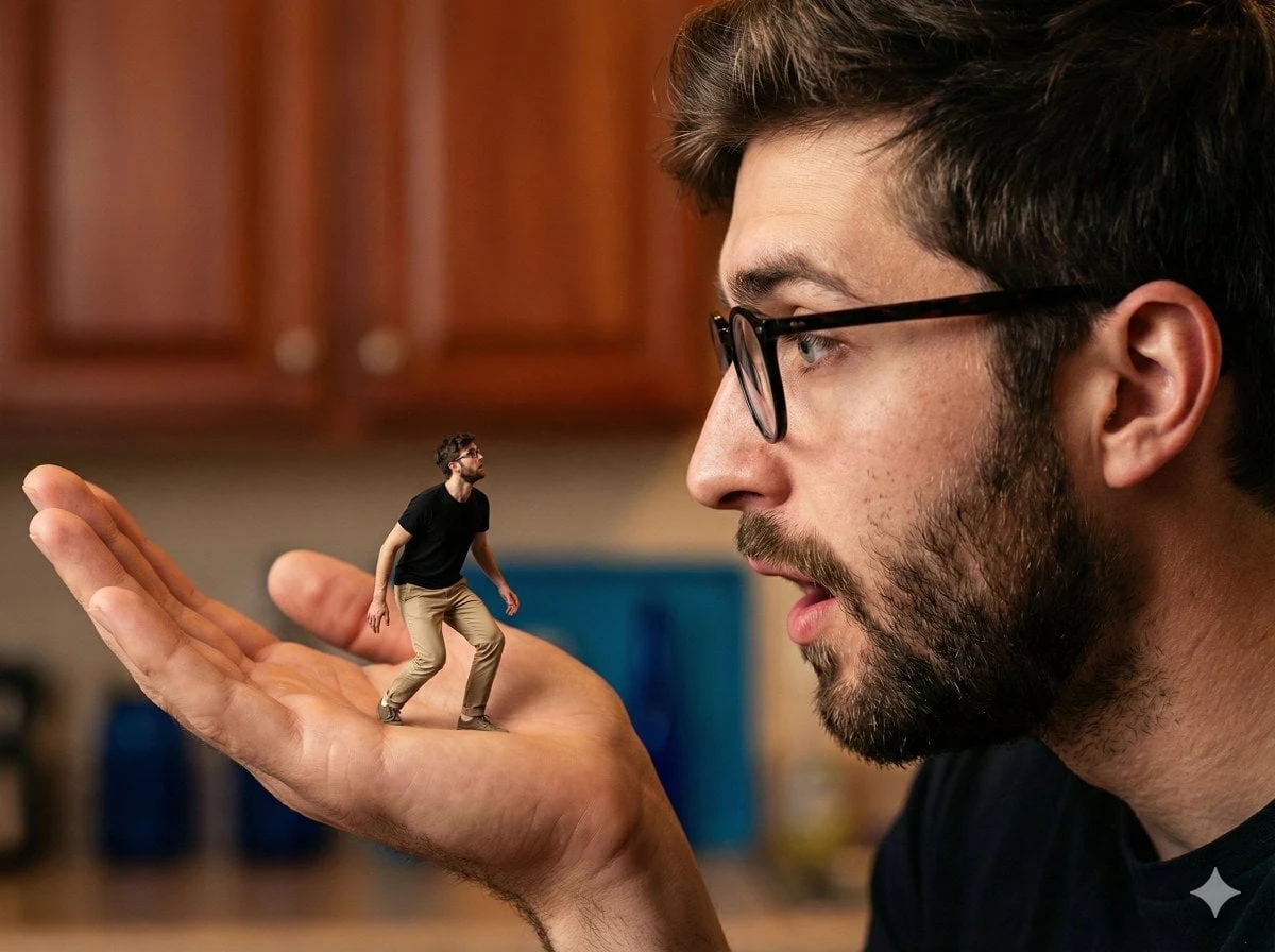 Una composición hiperrealista y surrealista que utiliza la perspectiva forzada para crear una dramática diferencia de escala...