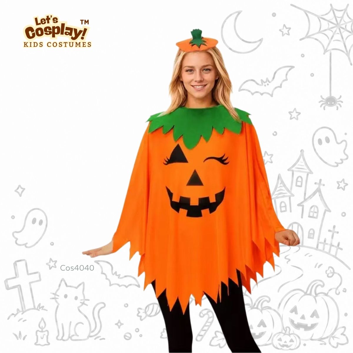 成人南瓜萬聖節服裝 Pumpkin Costume 橙色南瓜斗篷連頭箍 親子造型 COS4040