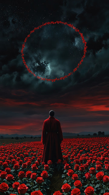 Figure in Red Robe Before Rose Ring in Night Sky - Free mobile Wallpaper