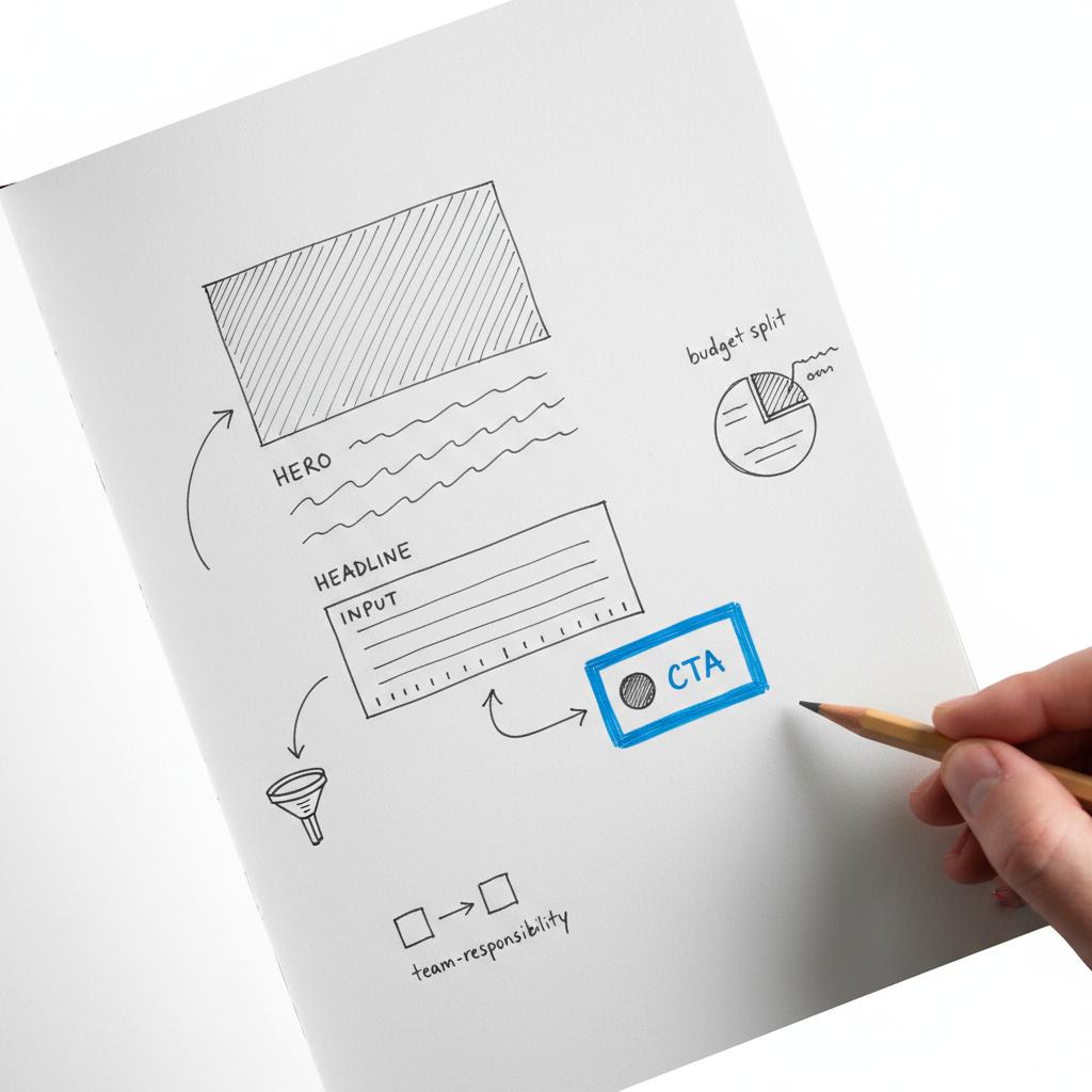 Close-up sketch of a landing page wireframe on a textured notebook page showing headline, hero image, form and highlighted CTA for lead generation strategy.