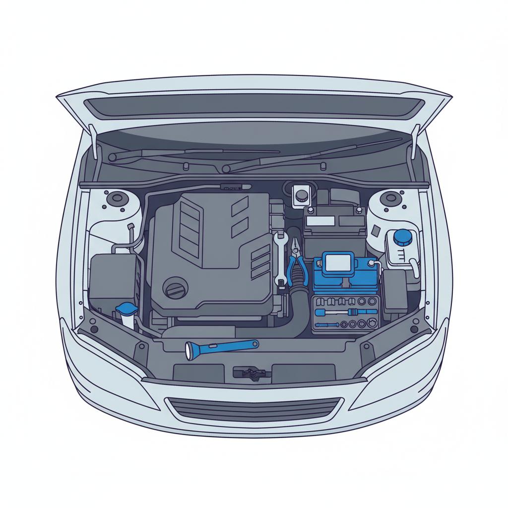 Minimalist 2D vector of a generic Audi A4 engine bay with inspection tools neatly arranged for a pre purchase inspection audi a4 for sale