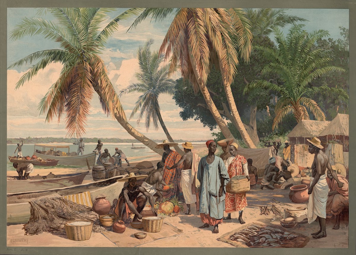 Kolonial Wandbilder  Wochenmarkt an der Lagune in Togo 1907