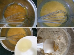 Lòng đỏ trứng cũng dùng máy đánh trứng đánh đều với 20gr đường trắng. Rây bột mì, dầu ăn, sữa tươi vào, dùng phới trộn đều hỗn hợp bột mì, lòng đỏ trứng gà.