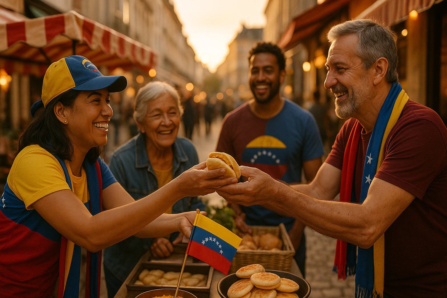 Venezolanos compartiendo arepas en un mercado urbano del exterior