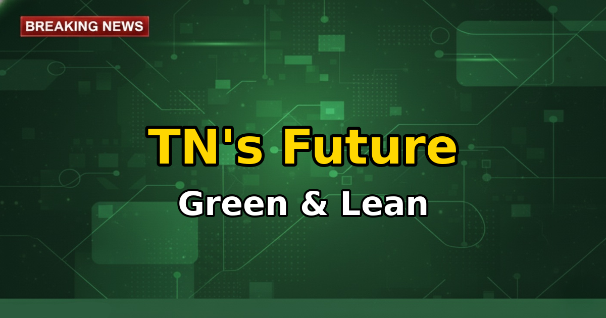 Infographic showing gears turning for circular economy and a modern warehouse, symbolizing Tamil Nadu's new policies.